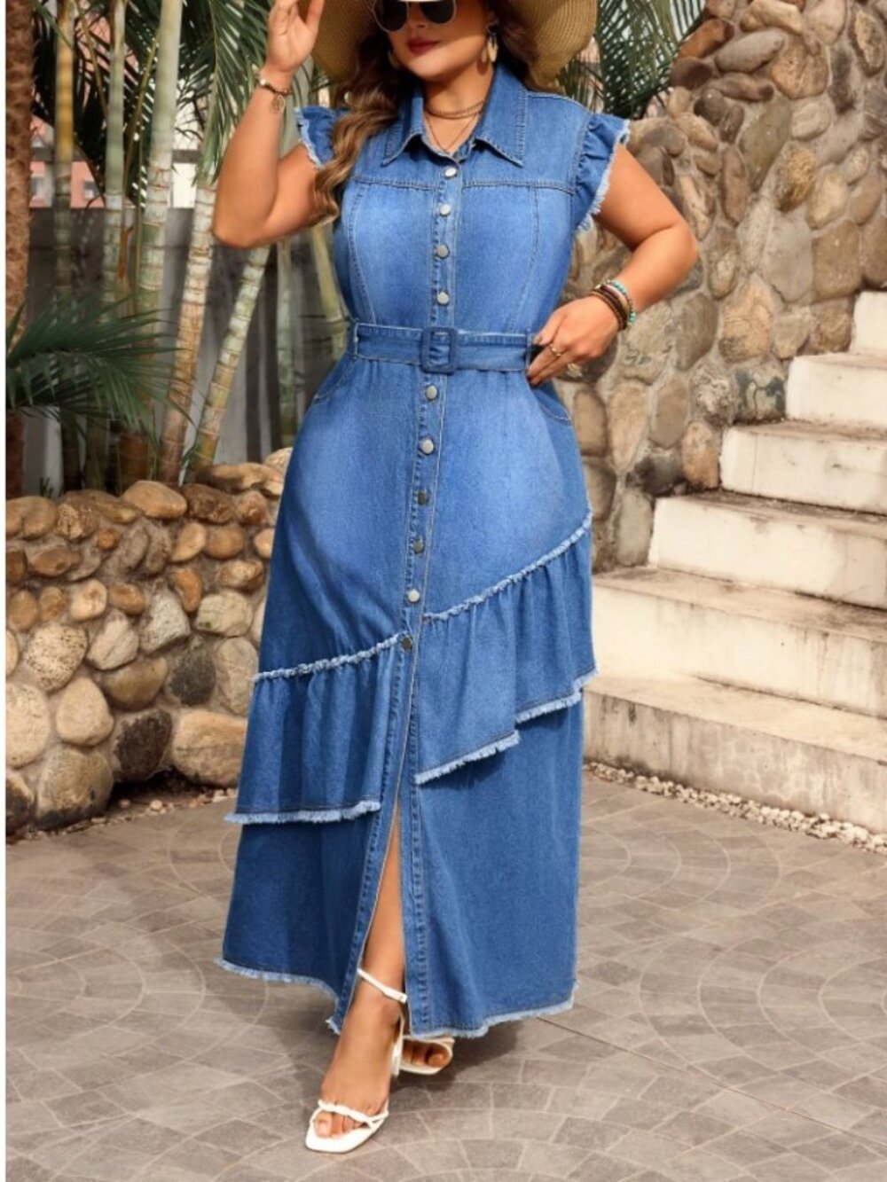 Chic Button-Front Denim Maxi Dress with Belted Waist in Plus Sizes - Picture 2 of 3